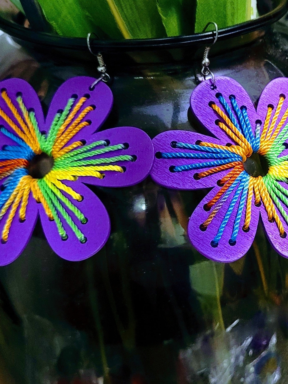 Bold Purple Flower Statement Earrings - Picture 2 of 2